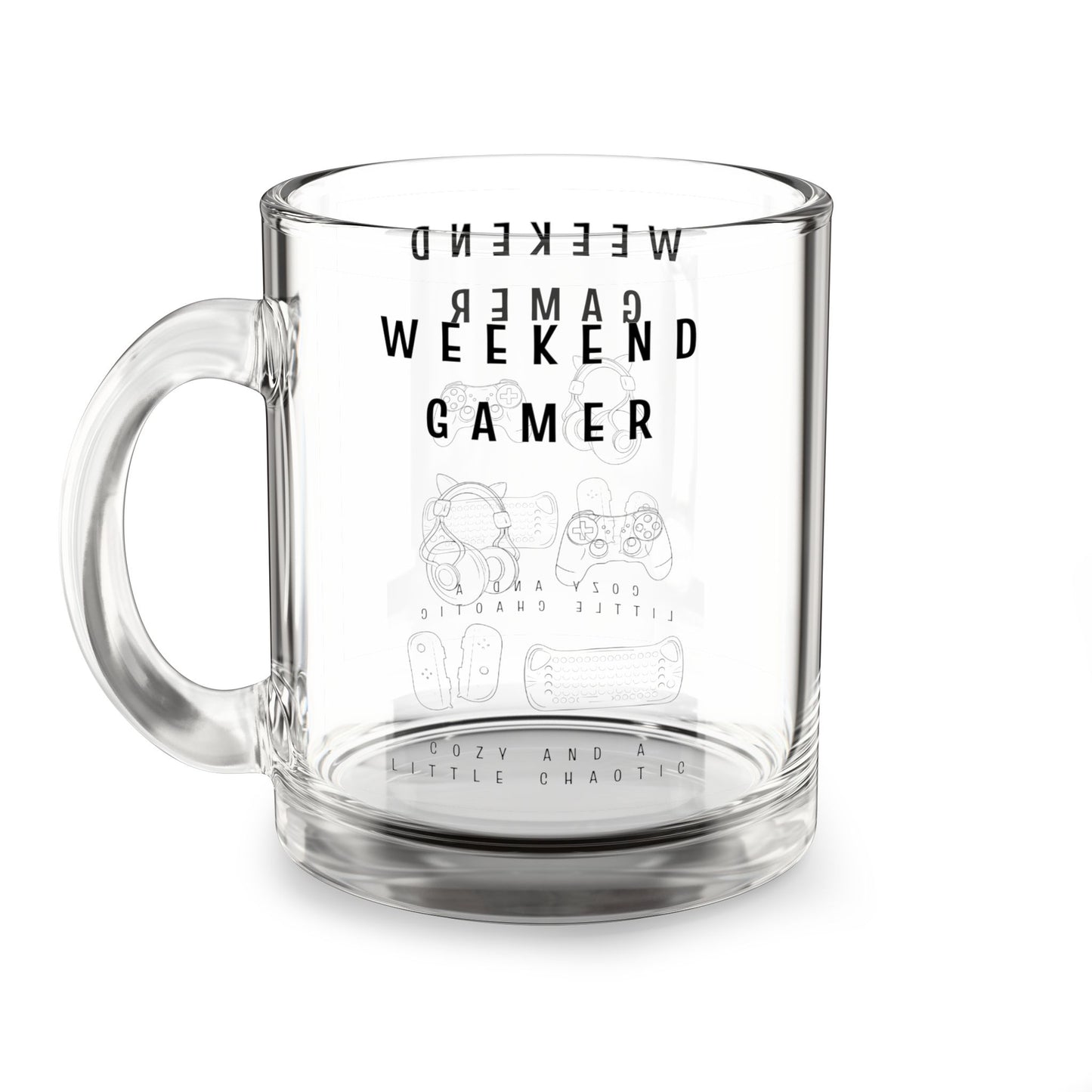 Weekend Gamer Clear Glass Mug – Line Art for Cozy Gaming Sessions