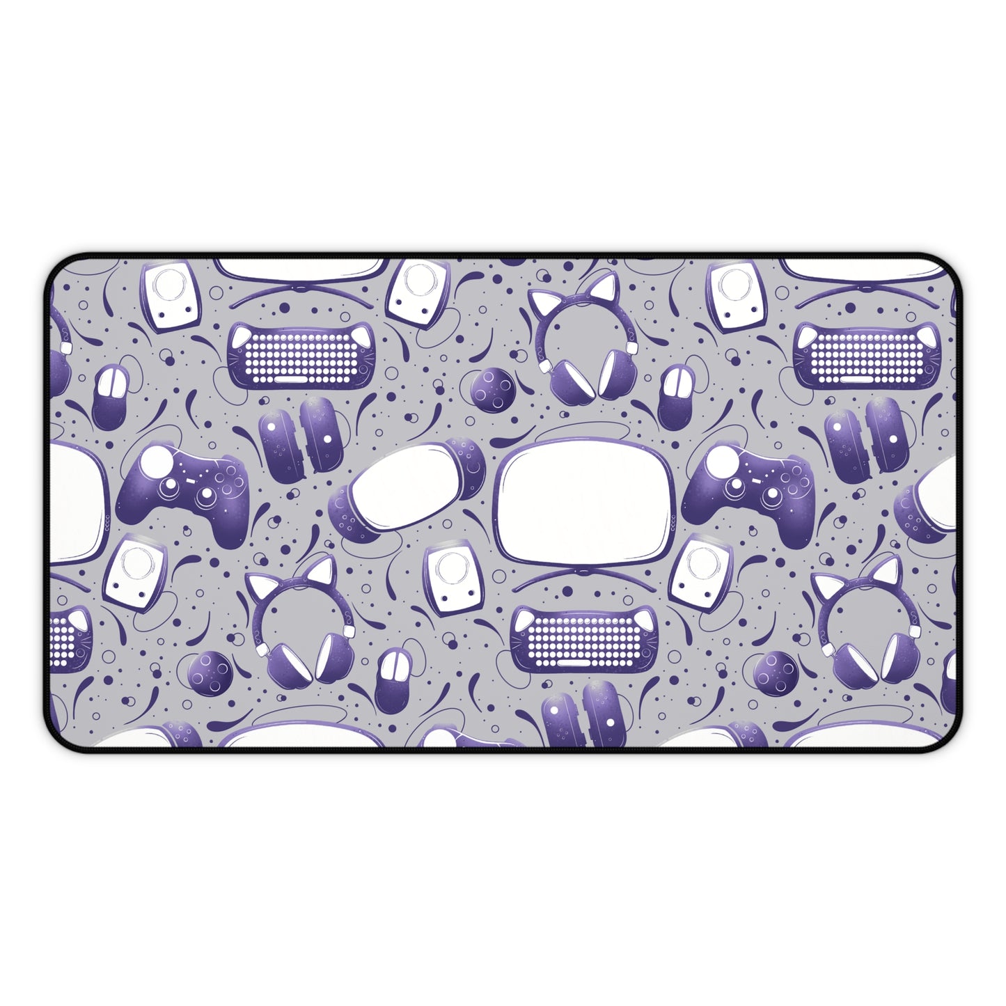 Gamer Geek Purple Essentials on Grey Gaming Desk Mat Mouse Pad for Gamers and Streamers