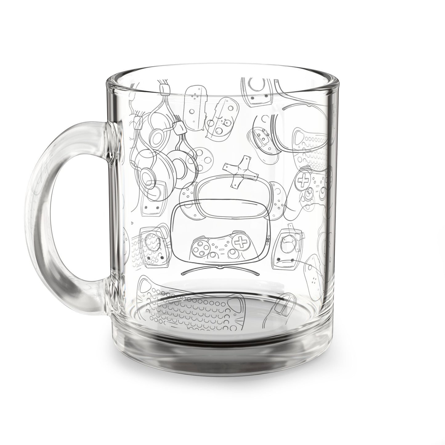 Gamer Essentials Clear Glass Mug – Line Art for Cozy Gaming Sessions