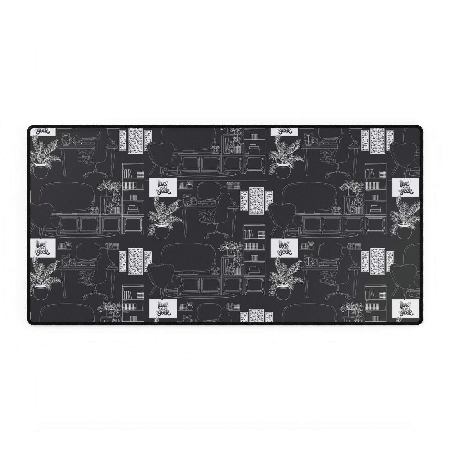 Geeky Gamer Toile de Jouy-Inspired Desk Mat Mouse Pad on Dark Grey Background for Gaming and Desk Setups