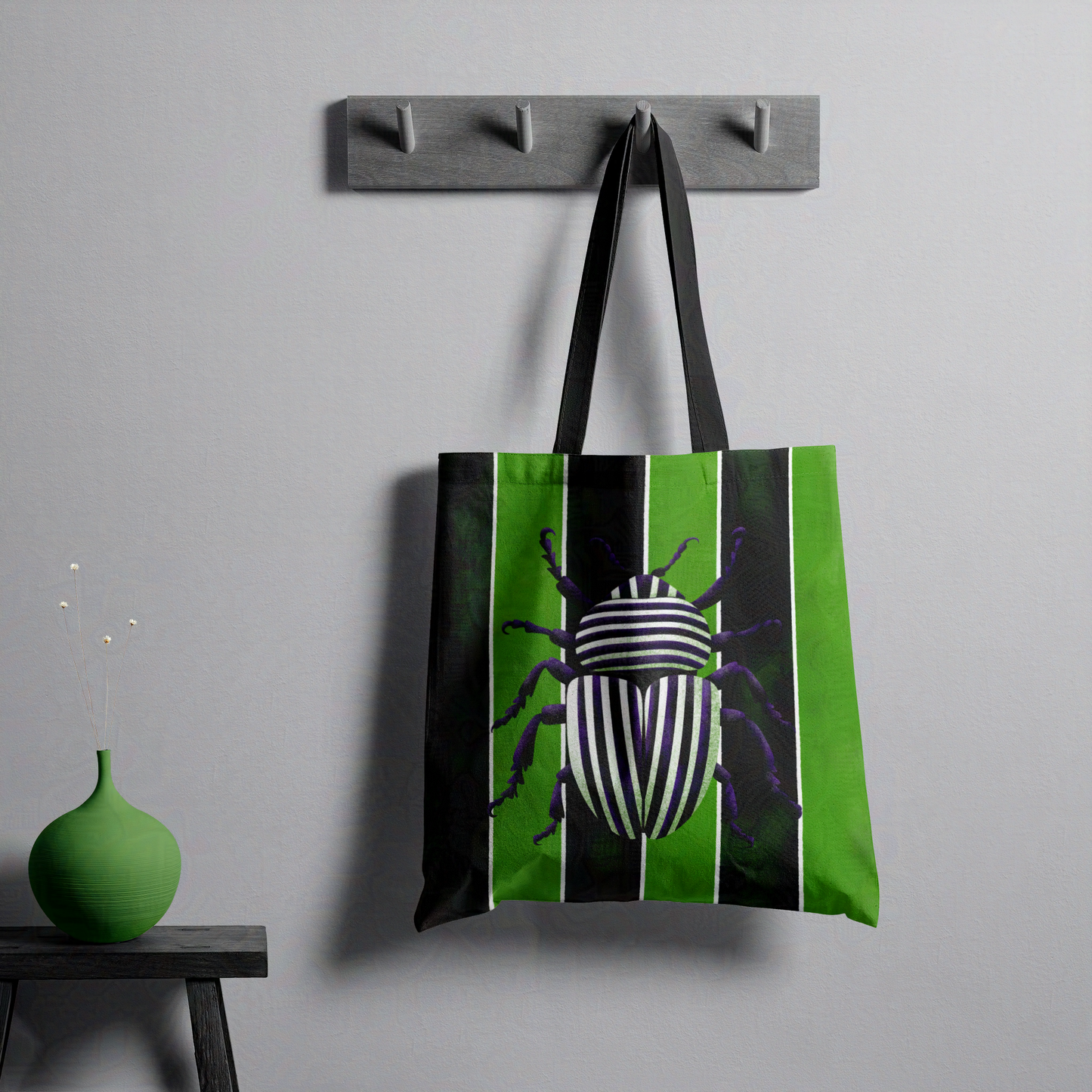 Black and White Beetle Juice on Green and Black Stripes Trick or Treat Carry All Tote Bag