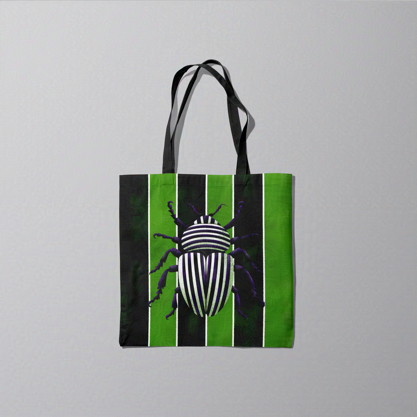 Black and White Beetle Juice on Green and Black Stripes Trick or Treat Carry All Tote Bag