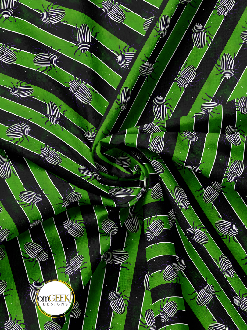 Beetle Juice Green Black and White Striped Fabric