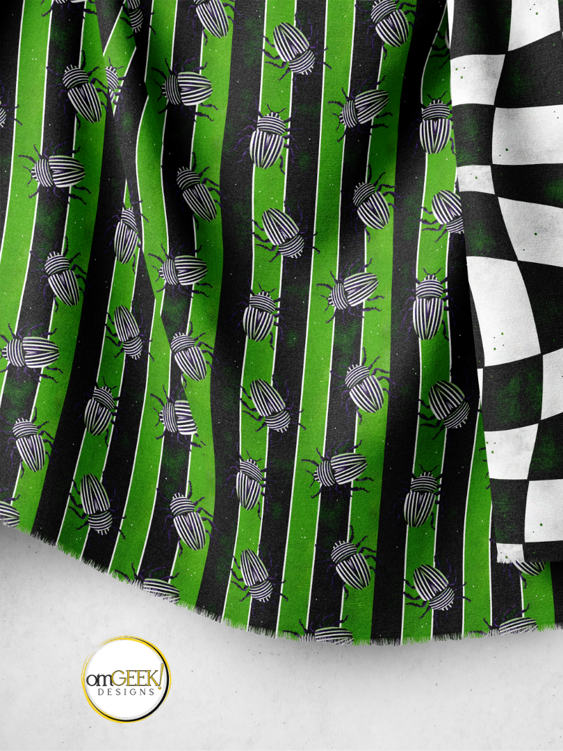 Beetle Juice Green Black and White Striped Fabric
