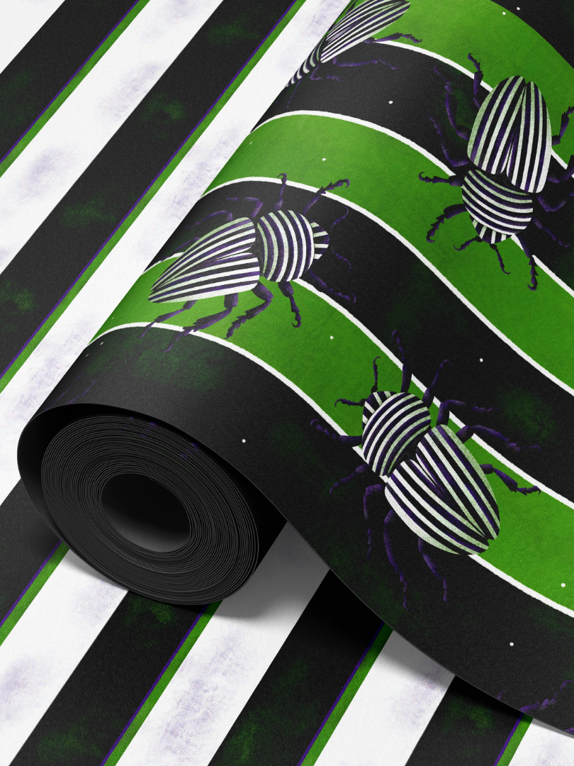 Beetle Juice Green Black and White Striped Fabric