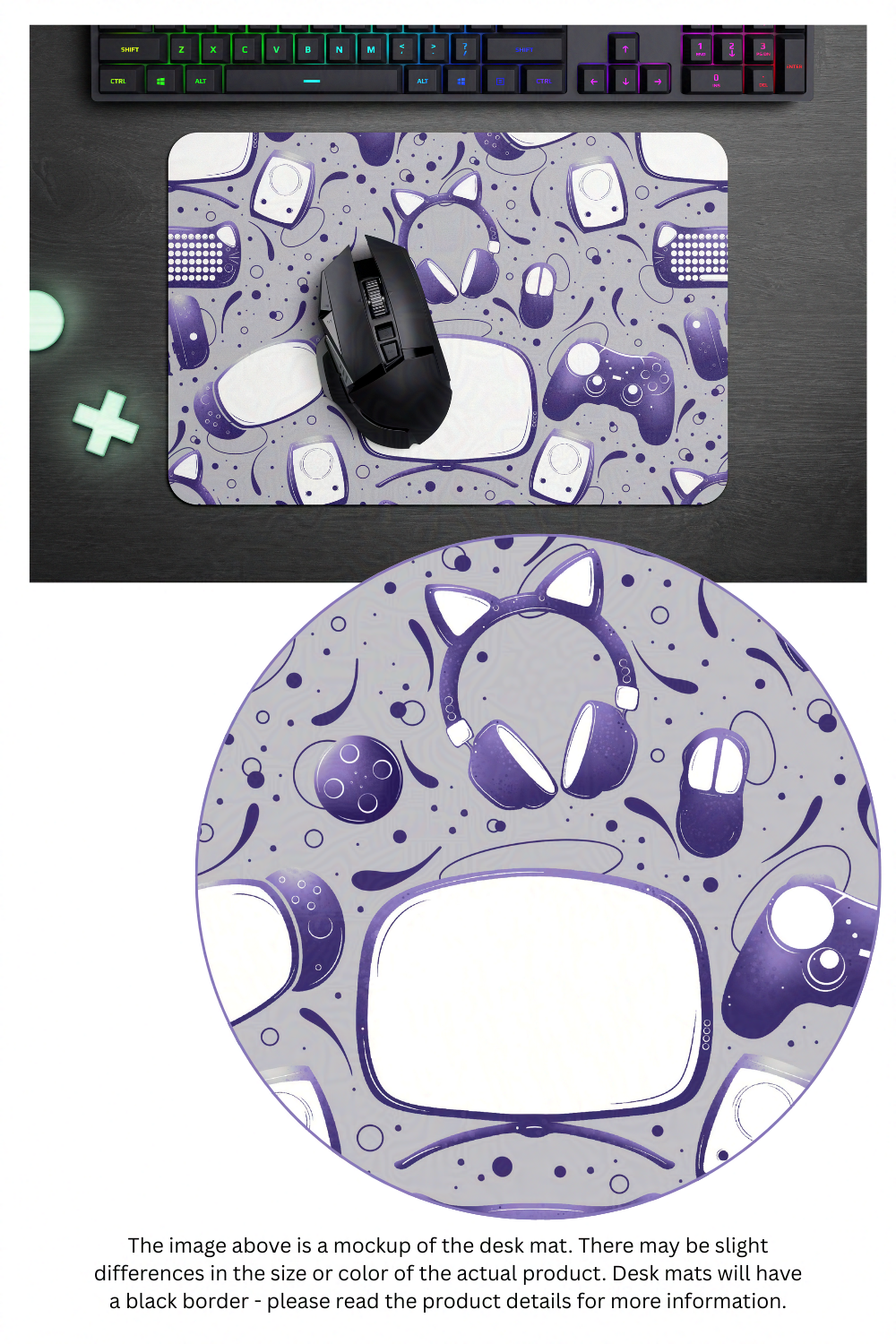 Gamer Geek Purple Essentials on Grey Gaming Desk Mat Mouse Pad for Gamers and Streamers