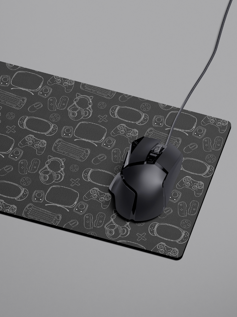 Geeky Gamer Lined Gaming Essentials Desk Mat Mouse Pad on a Dark Grey Background for Gaming and Desk Setups