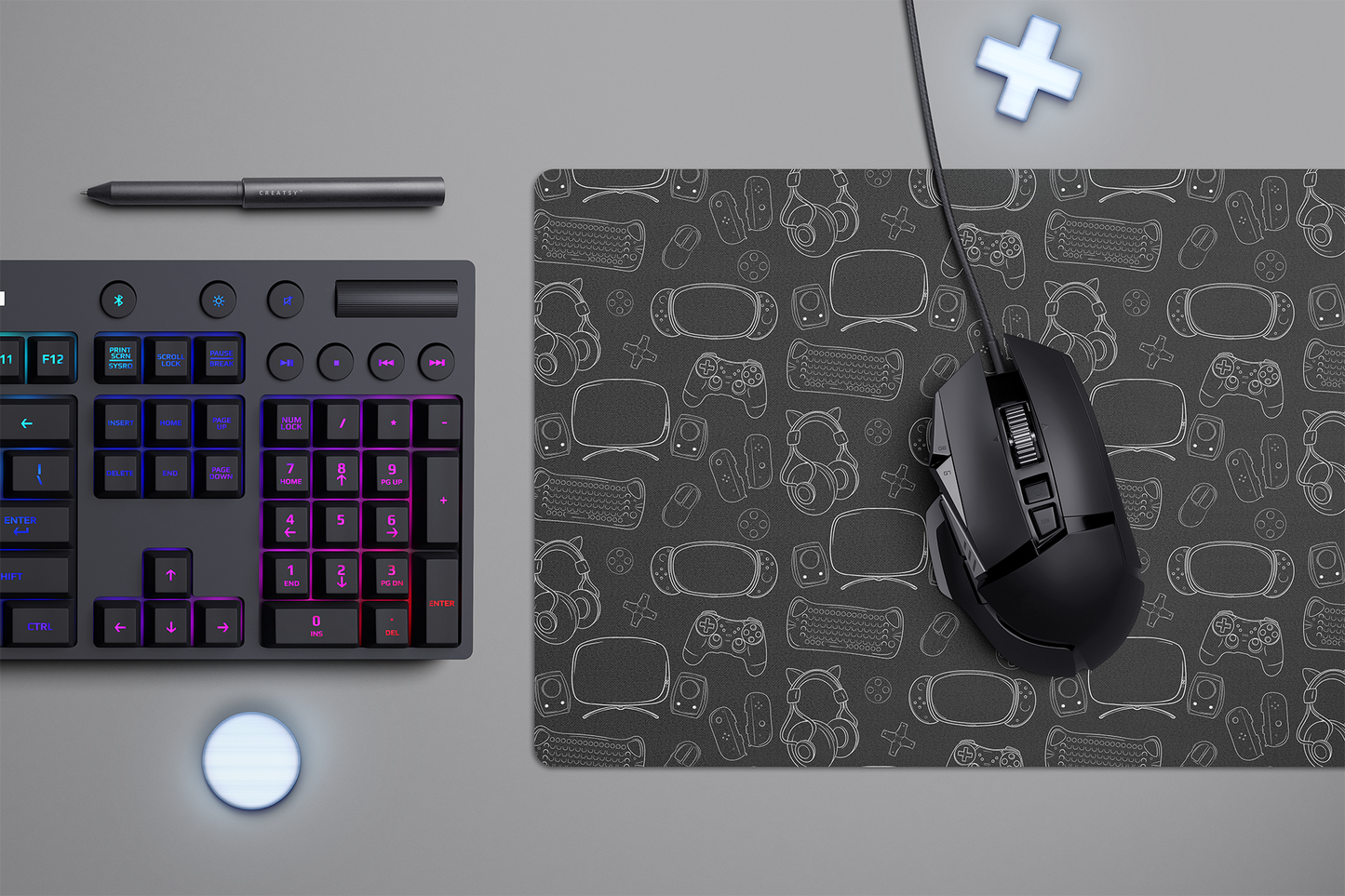 Geeky Gamer Lined Gaming Essentials Desk Mat Mouse Pad on a Dark Grey Background for Gaming and Desk Setups