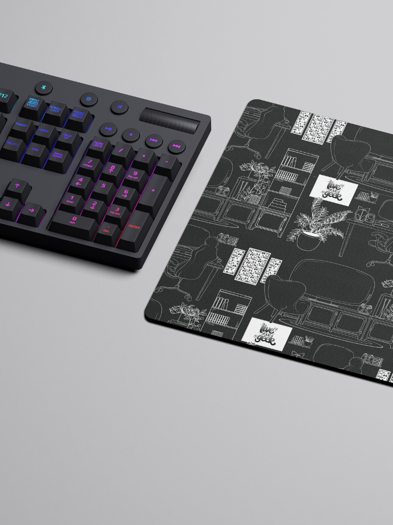 Geeky Gamer Toile de Jouy-Inspired Desk Mat Mouse Pad on Dark Grey Background for Gaming and Desk Setups