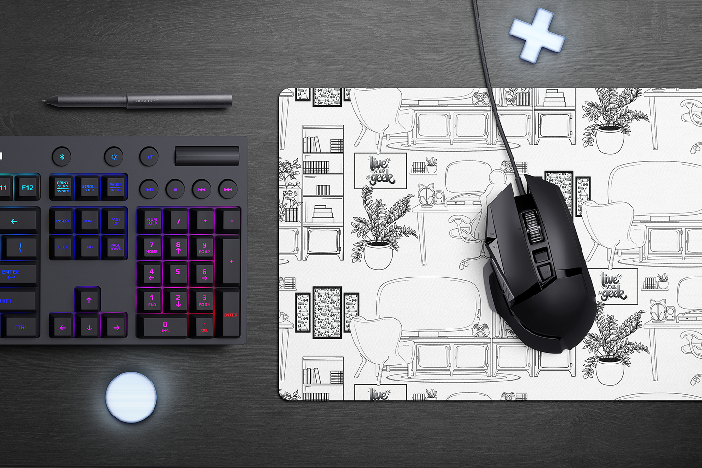 Geeky Gamer Toile de Jouy-Inspired Desk Mat Mouse Pad for Gaming and Streaming Desk and Gaming Setups