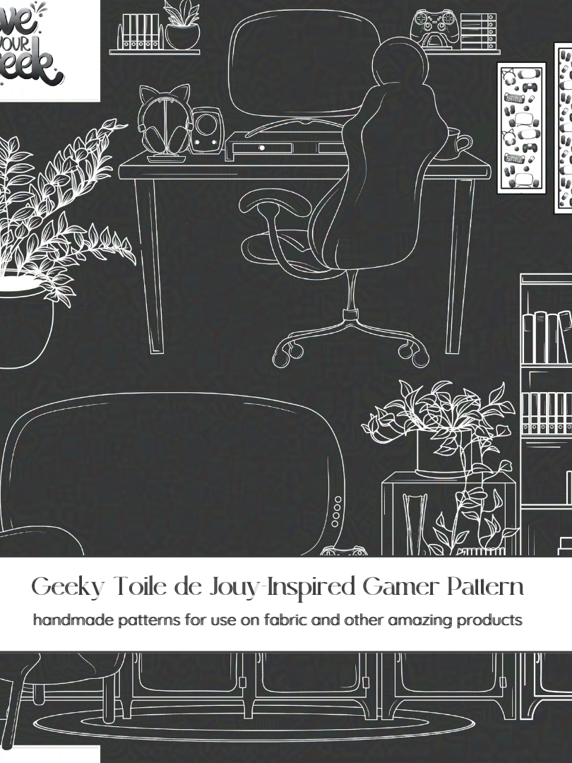 Modern Toile de Jouy-Inspired Geeky Gamer Gaming Space Fabric on a Dark Background