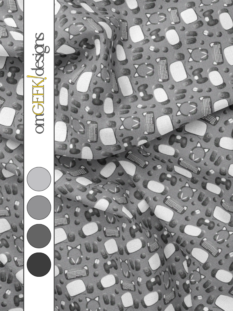 Geeky Gamer Essentials Fabric for Gamers and Streamers on a Grey Background