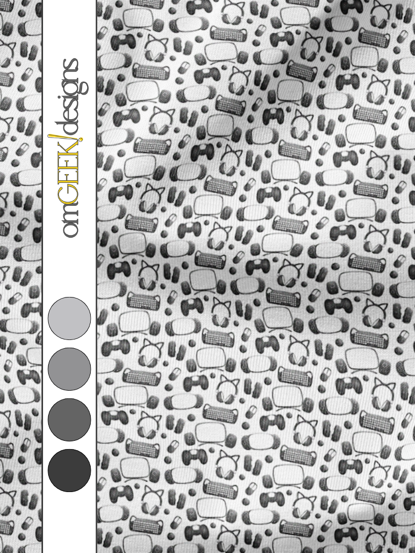 Geeky Gamer Essentials Fabric for Gamers and Streamers on a White Background