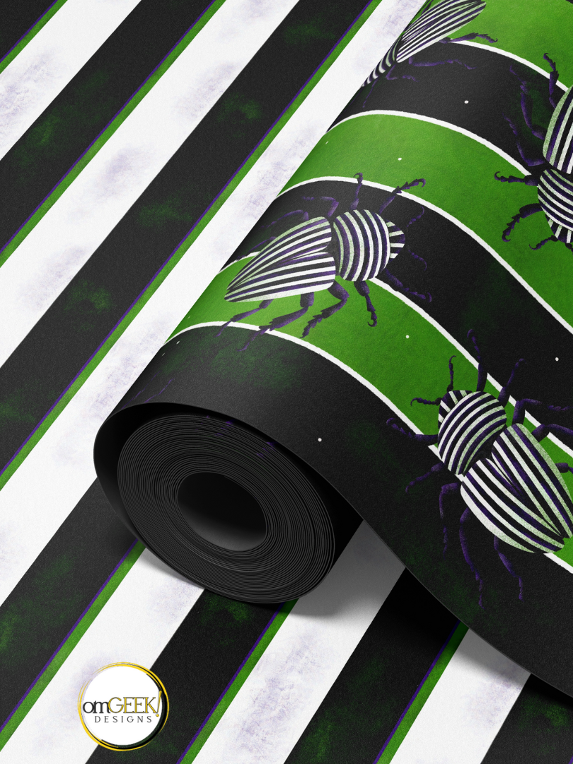 Black White Green and Purple Beetle Juice Striped Fabric