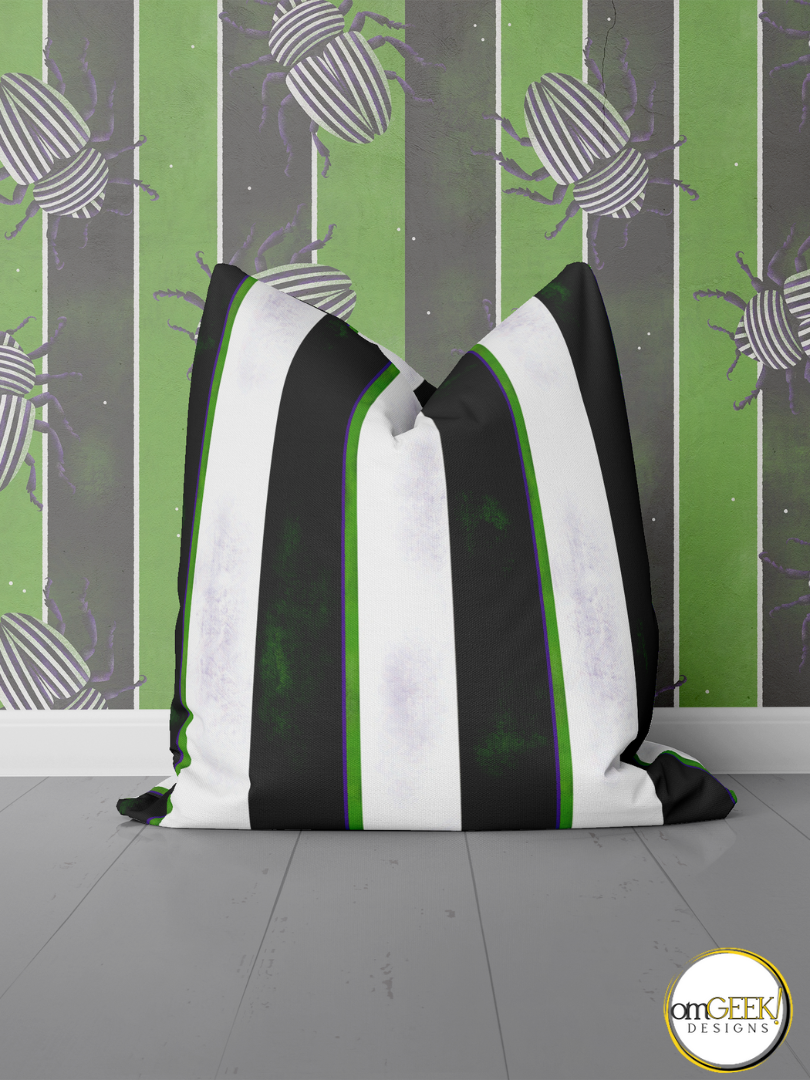 Black White Green and Purple Beetle Juice Striped Fabric