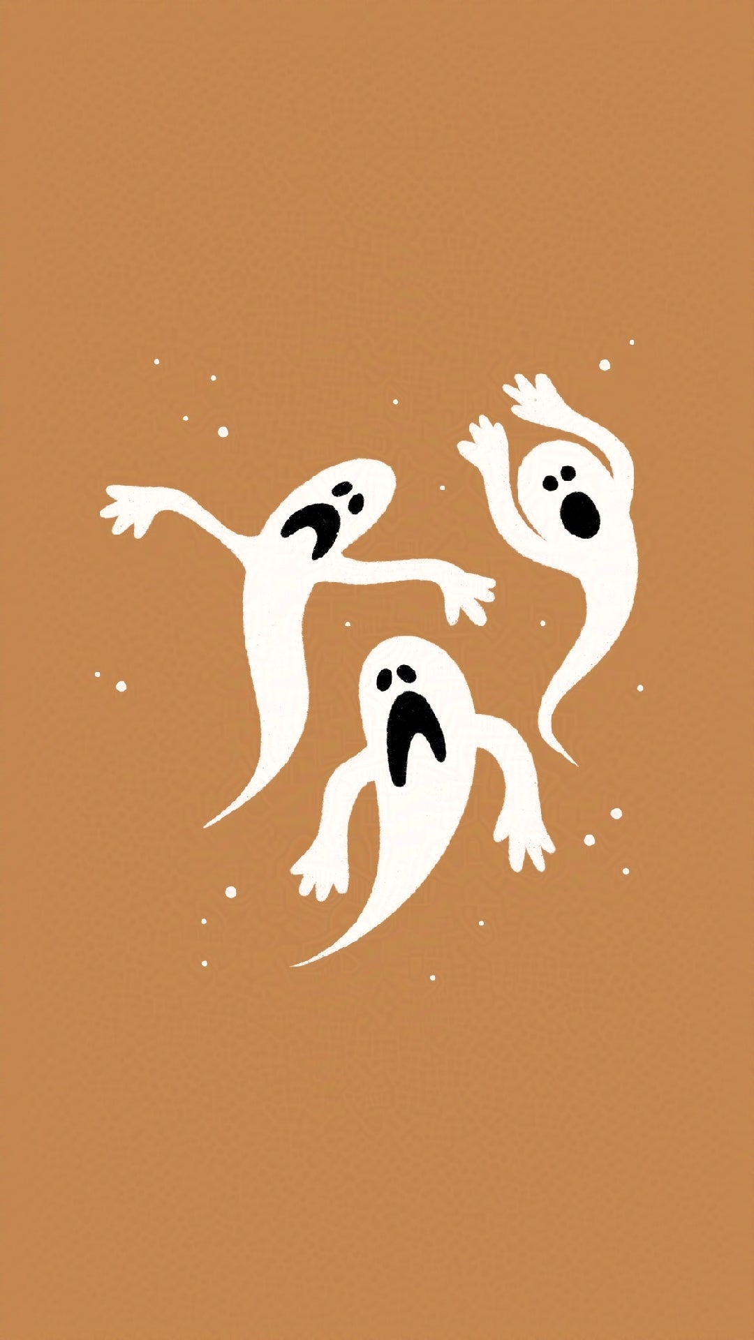 Three white ghosts on an orange background inspired by the Nightmare Before Christmas