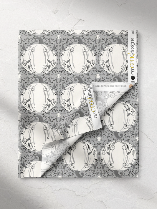 Elegant White Pumpkin Swirl Repeat Pattern on Gray, Medium