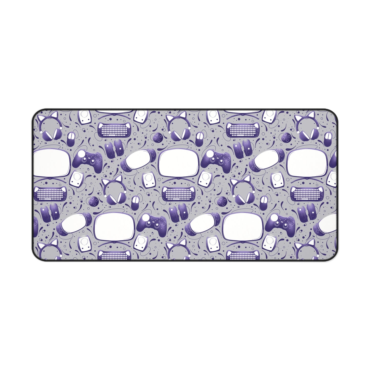 Gamer Geek Purple Essentials on Grey Gaming Desk Mat Mouse Pad for Gamers and Streamers