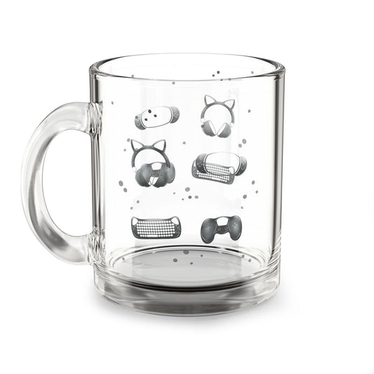Gamer Essentials Clear Glass Mug – Line Art for Cozy Gaming Sessions