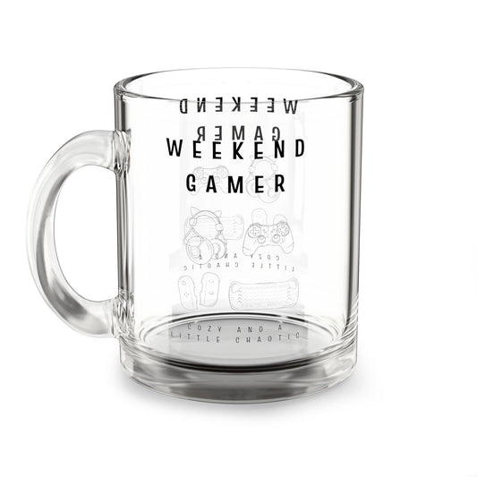 Weekend Gamer Clear Glass Mug – Line Art for Cozy Gaming Sessions