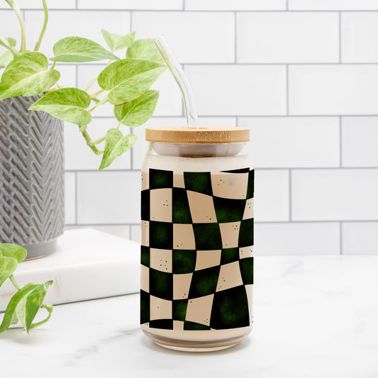 Crooked Checkered Beetle Juice Inspired Glass Can