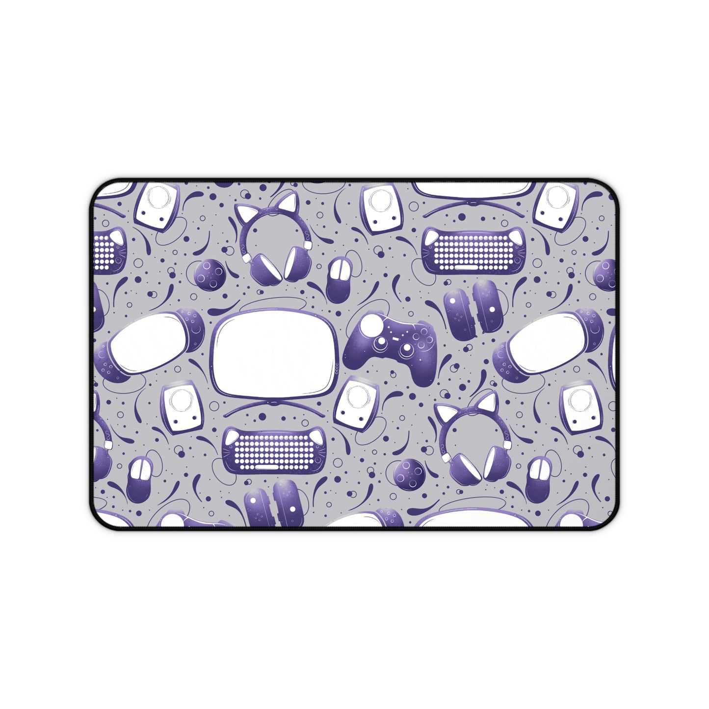 Gamer Geek Purple Essentials on Grey Gaming Desk Mat Mouse Pad for Gamers and Streamers