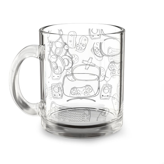 Gamer Essentials Clear Glass Mug – Line Art for Cozy Gaming Sessions