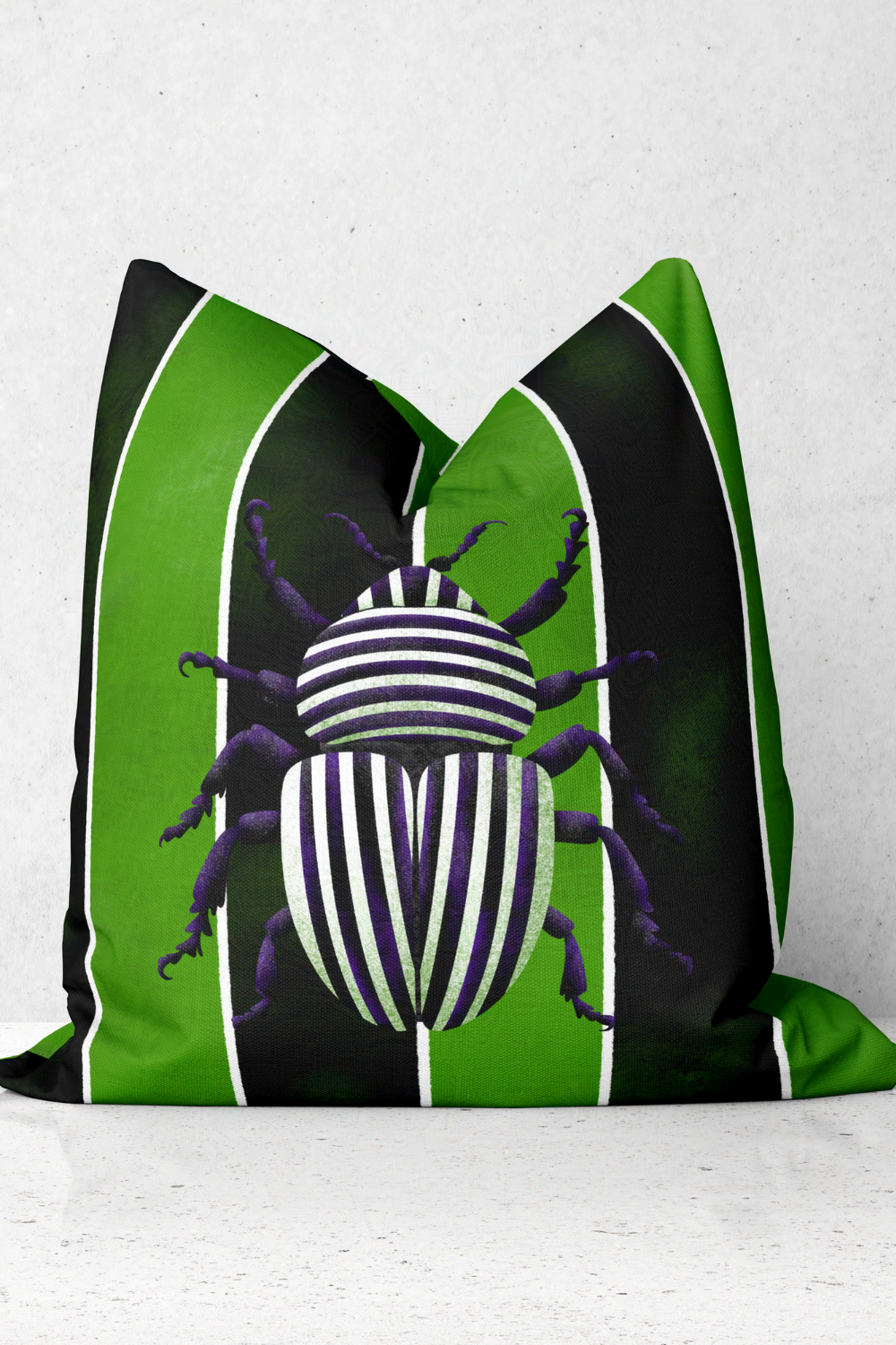Beetle on Green and Black Stripes | Beetle Juice Inspired Square Pillow and Pillowcase