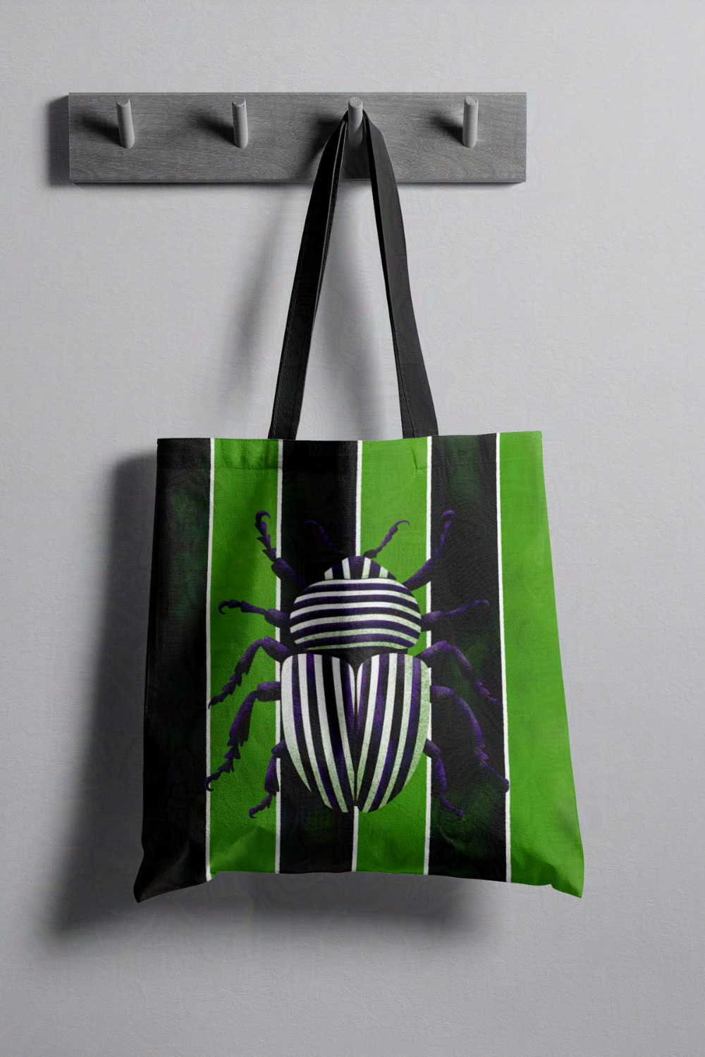 Spooky Beetle on Green and Black Striped Tote Bag | Beetlejuice Inspired Trick or Treat Bag | Boo Bag