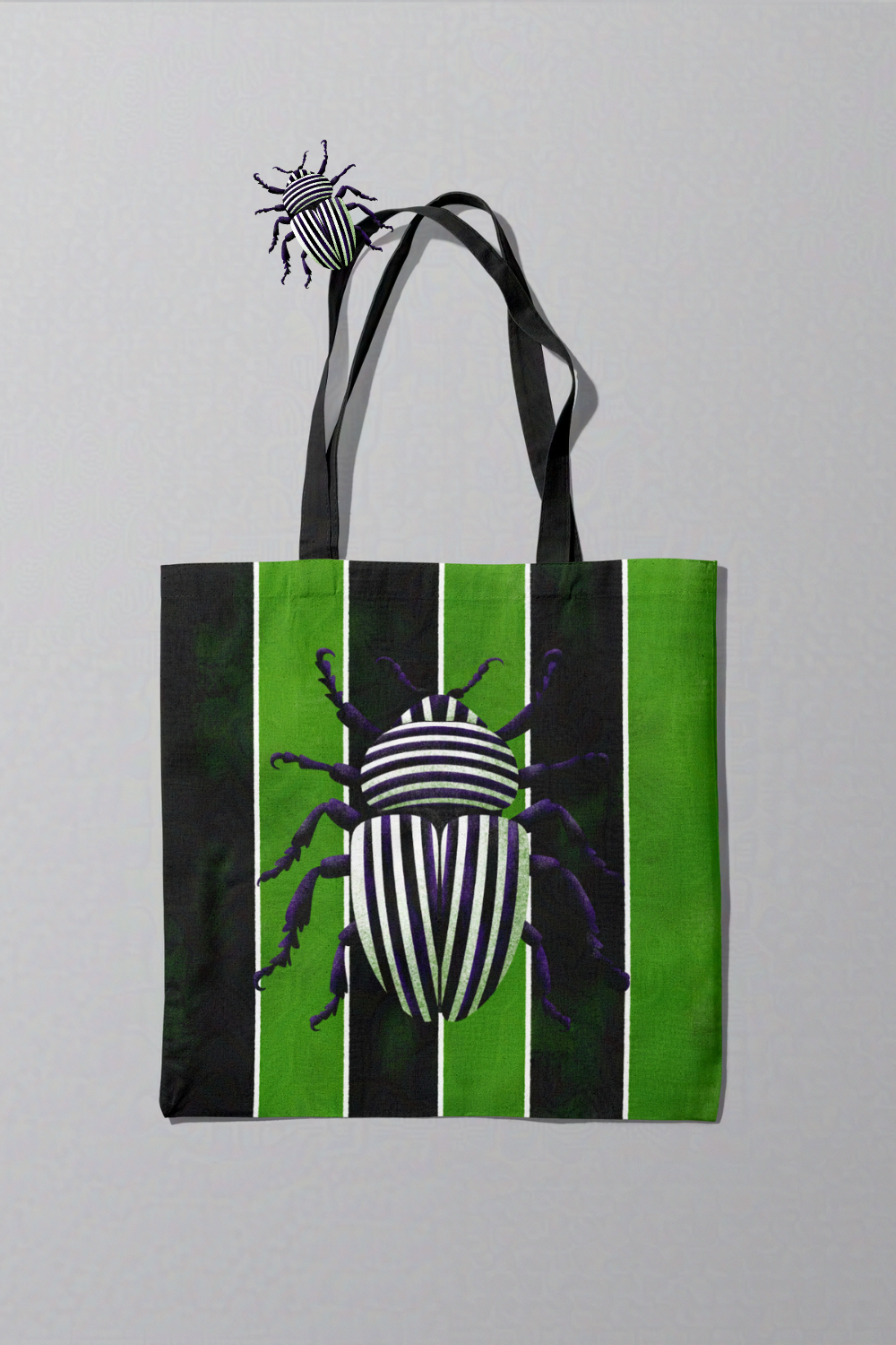 Spooky Beetle on Green and Black Striped Tote Bag | Beetlejuice Inspired Trick or Treat Bag | Boo Bag