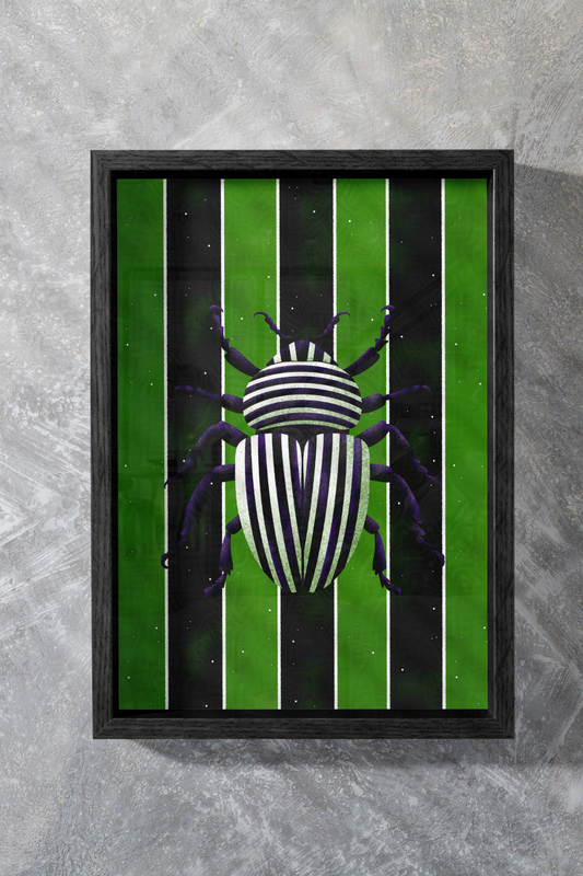 Beetle on Stripes Beetlejuice-Inspired Wall Art | Spooky, Subtle, Stylized Wall Print