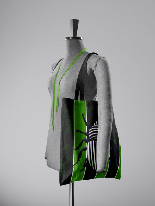 Black and White Beetle Juice on Green and Black Stripes Trick or Treat Carry All Tote Bag