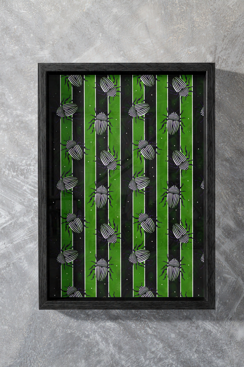 Beetlejuice-Inspired Beetles on Green and Black Striped Wall Art | Spooky, Subtle, Stylized Wall Print