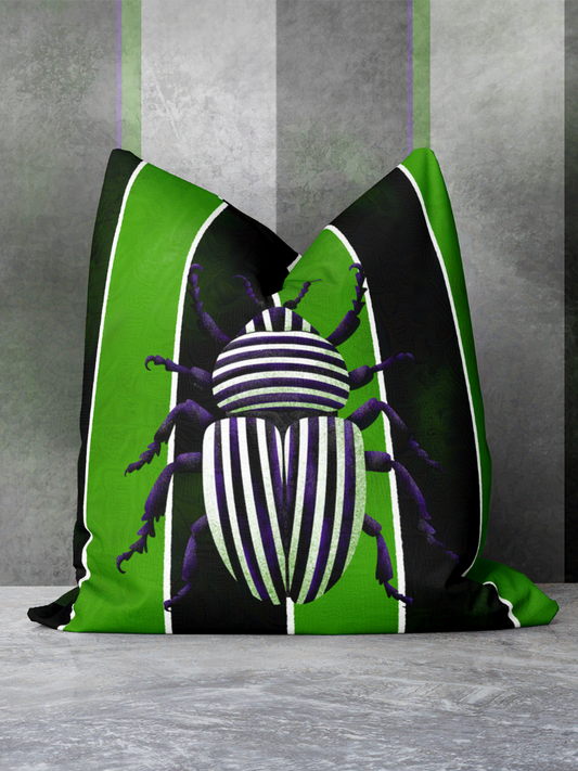 Black and White Beetle Juice on Green and Black Stripes Spun Polyester Square Pillow and Pillowcase