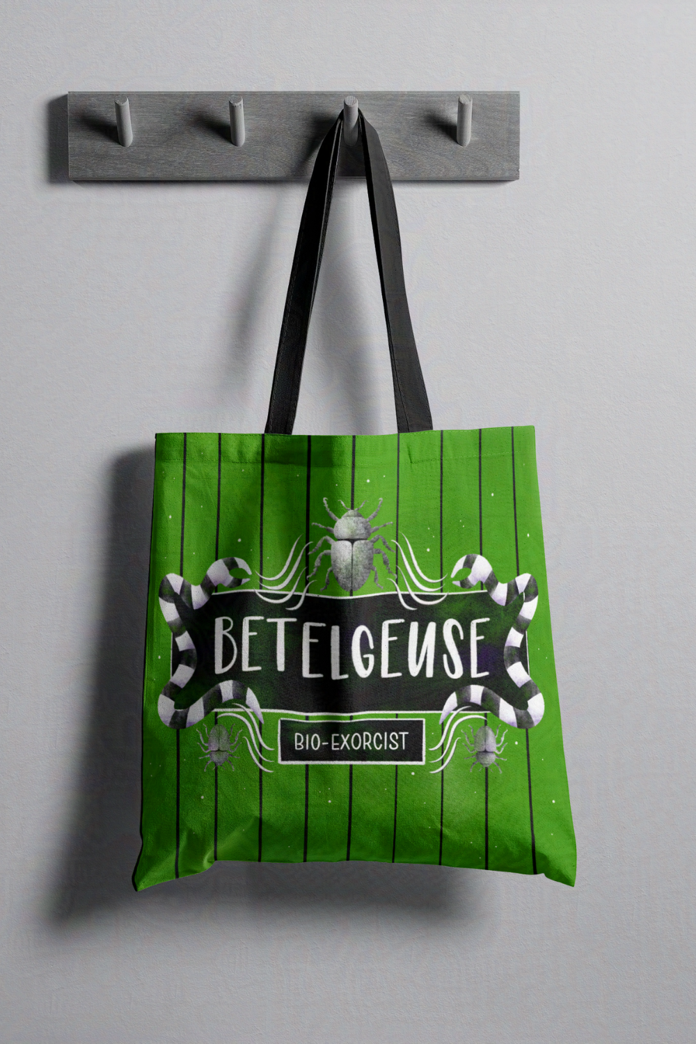 Betelgeuse Monogram on Green and Black Stripes Tote Bag | Beetlejuice-Inspired Trick or Treat Bag | Boo Bag