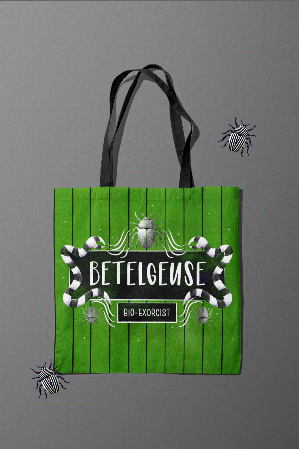 Betelgeuse Monogram on Green and Black Stripes Tote Bag | Beetlejuice-Inspired Trick or Treat Bag | Boo Bag