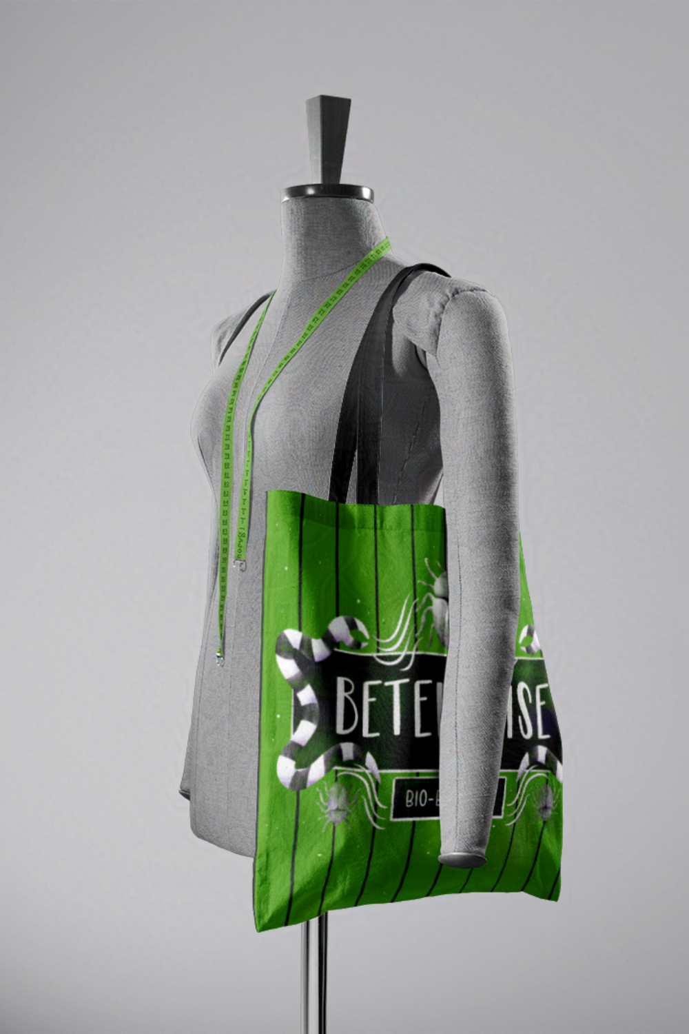 Betelgeuse Monogram on Green and Black Stripes Tote Bag | Beetlejuice-Inspired Trick or Treat Bag | Boo Bag