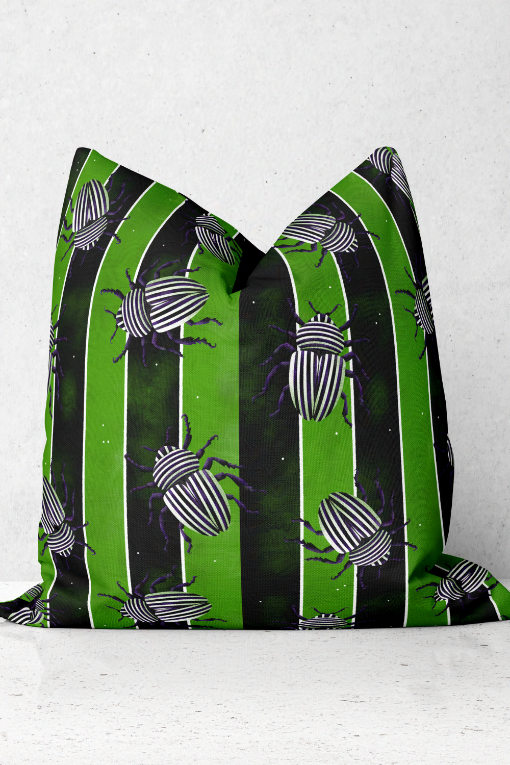Dancing Beetles Green and Black Striped Beetle Square Pillow and Pillowcase