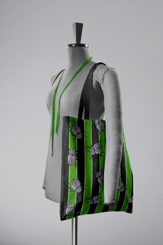 Dancing Beetles on Stripes Tote Bag | Beetlejuice-Inspired Trick or Treat Bag | Boo Bag