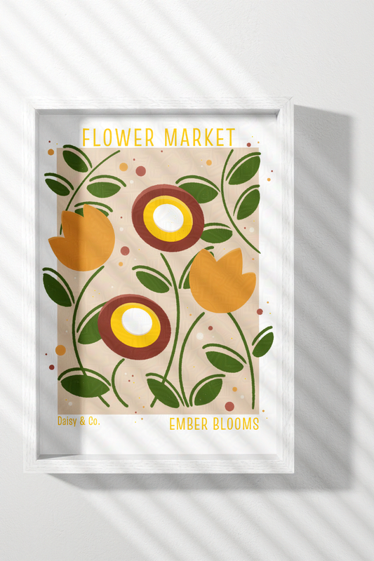 Daisy & Co. Flower Market Framed Wall Art – Ember Bloom | Cozy Botanical Video Game Inspired Spring Wall Art