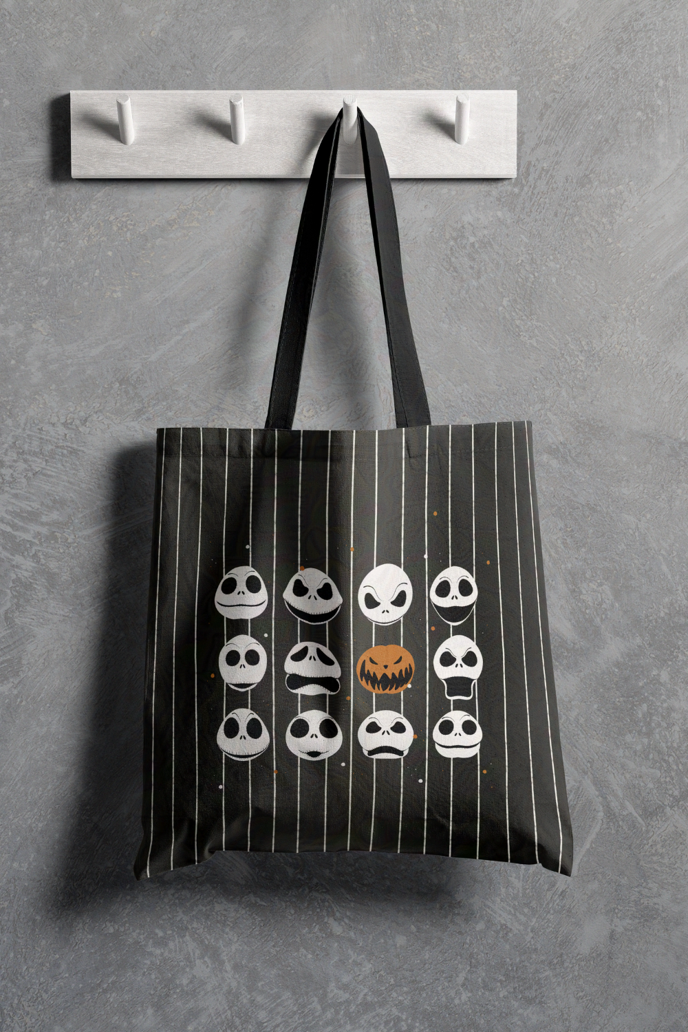 Faces of Jack Pumpkin King Black and White Striped Tote Bag | Trick or Treat Bag | Boo Bag