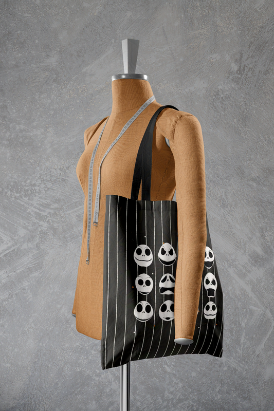 Faces of Jack Pumpkin King Black and White Striped Tote Bag | Trick or Treat Bag | Boo Bag