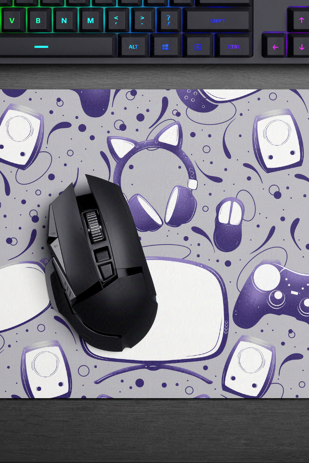 Gamer Geek Purple Essentials on Grey Gaming Desk Mat Mouse Pad for Gamers and Streamers
