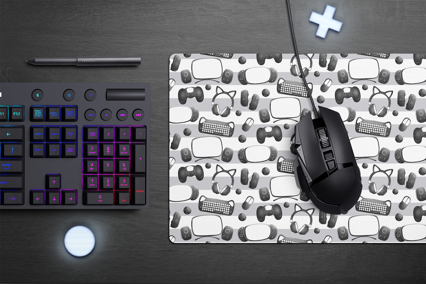 Geeky Gaming and Streaming Essentials on Stripes Video Game Essentials Desk Mat Mouse Pad for Desk Setups