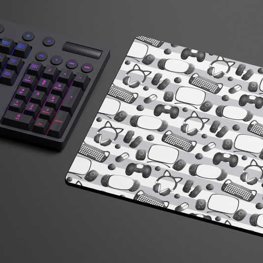 Geeky Gaming and Streaming Essentials on Stripes Video Game Essentials Desk Mat Mouse Pad for Desk Setups