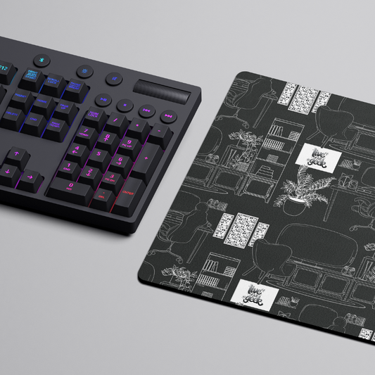 Geeky Gamer Toile de Jouy-Inspired Desk Mat Mouse Pad on Dark Grey Background for Gaming and Desk Setups