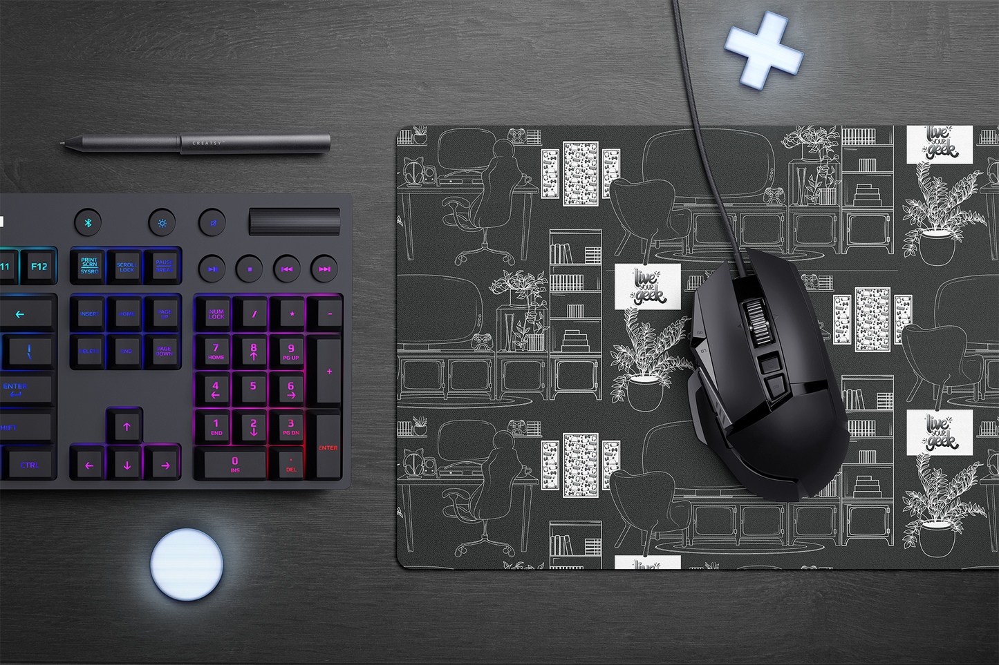 Geeky Gamer Toile de Jouy-Inspired Desk Mat Mouse Pad on Dark Grey Background for Gaming and Desk Setups
