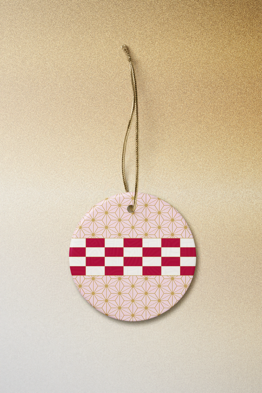 Nezuko-Inspired Asanoha & Red Checkered Ceramic Ornament | Elegant Anime Holiday Decor