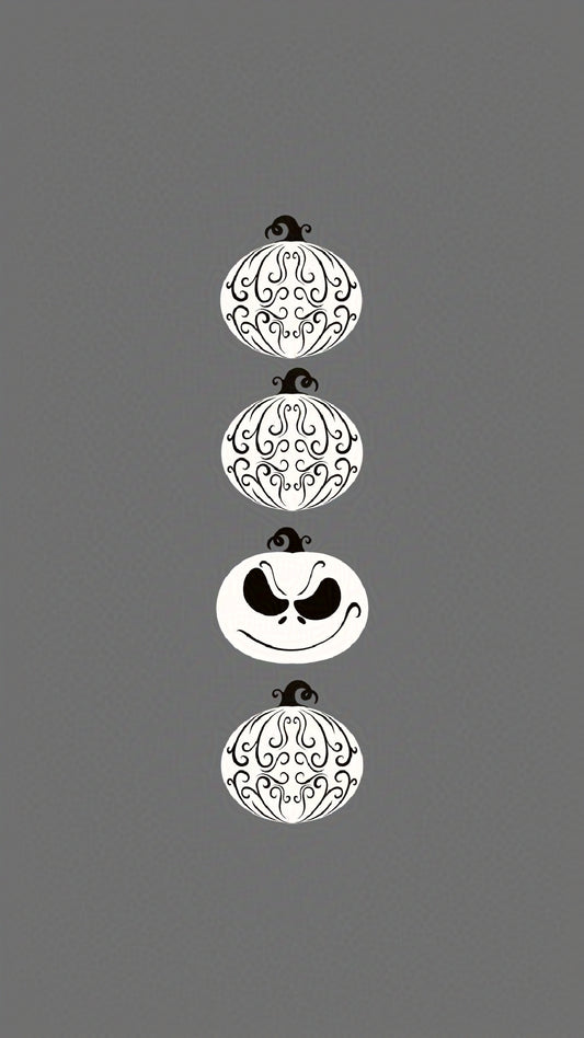 four decorative pumpkins - three with intricate designs and one with a jack skellington-inspired face on a gray background