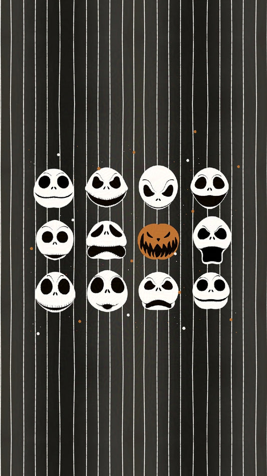 set of Jack Skellington inspired faces and a pumpkin on a black and white striped background